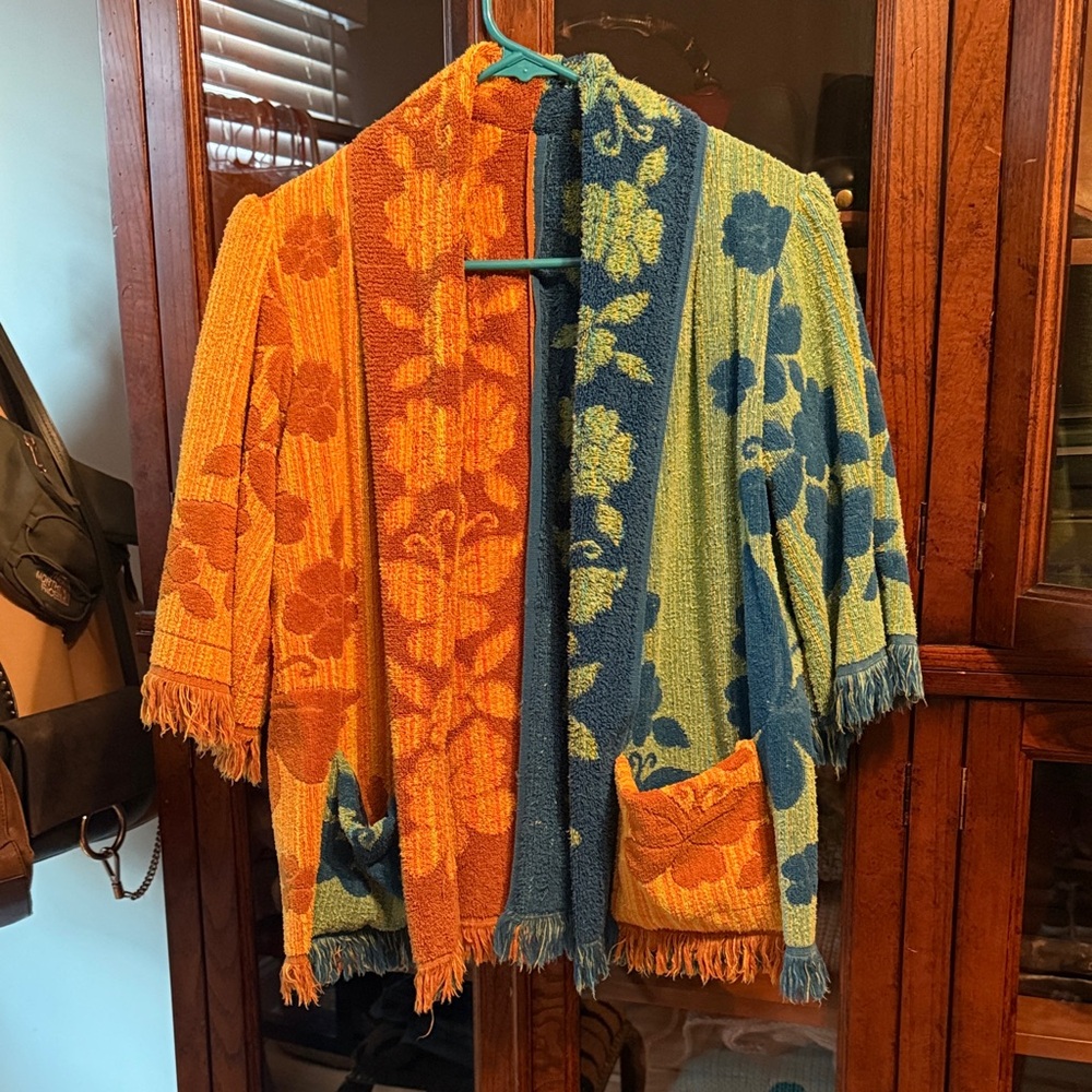 Vintage Floral Fringe bath towel jacket  - Orange & Teal